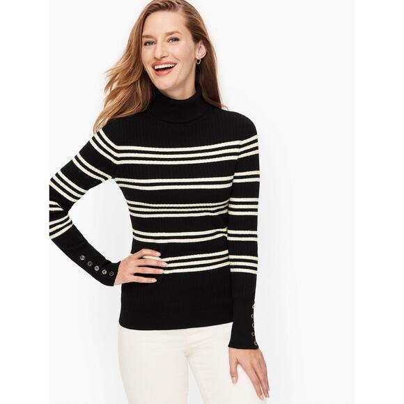 Talbots Women’s L Petite Black White Ribbed Knit Turtleneck Sweater Button Cuffs - Picture 2 of 8